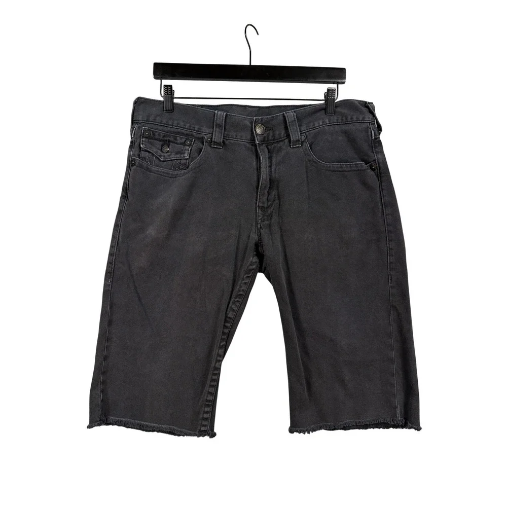 True Religion Straight Flap Black Denim Shorts Raw Hem 36 Faded Grunge Y2K Skate